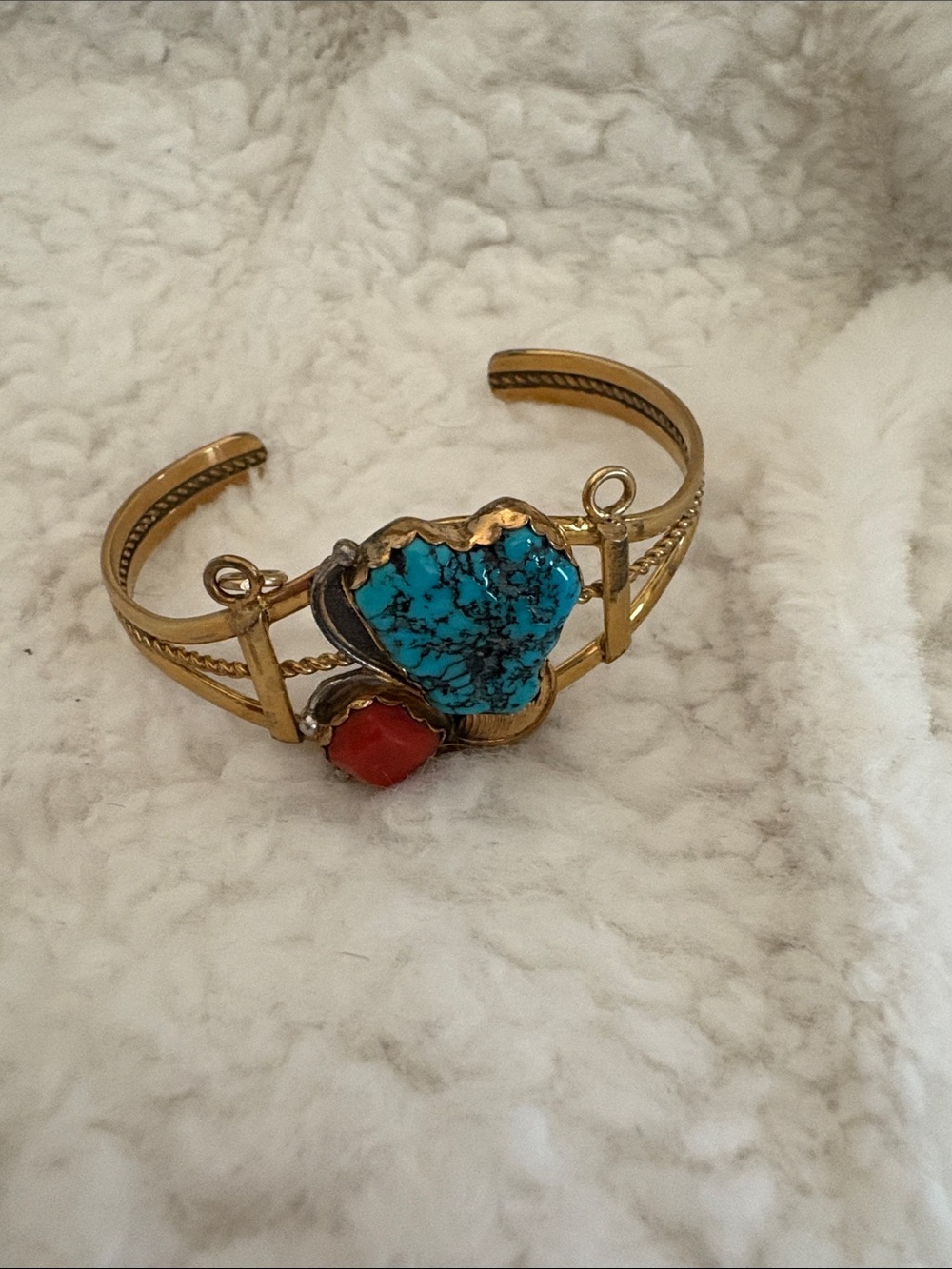 Handcrafted Gold Cuff Bracelet with Turquoise and Coral Accents